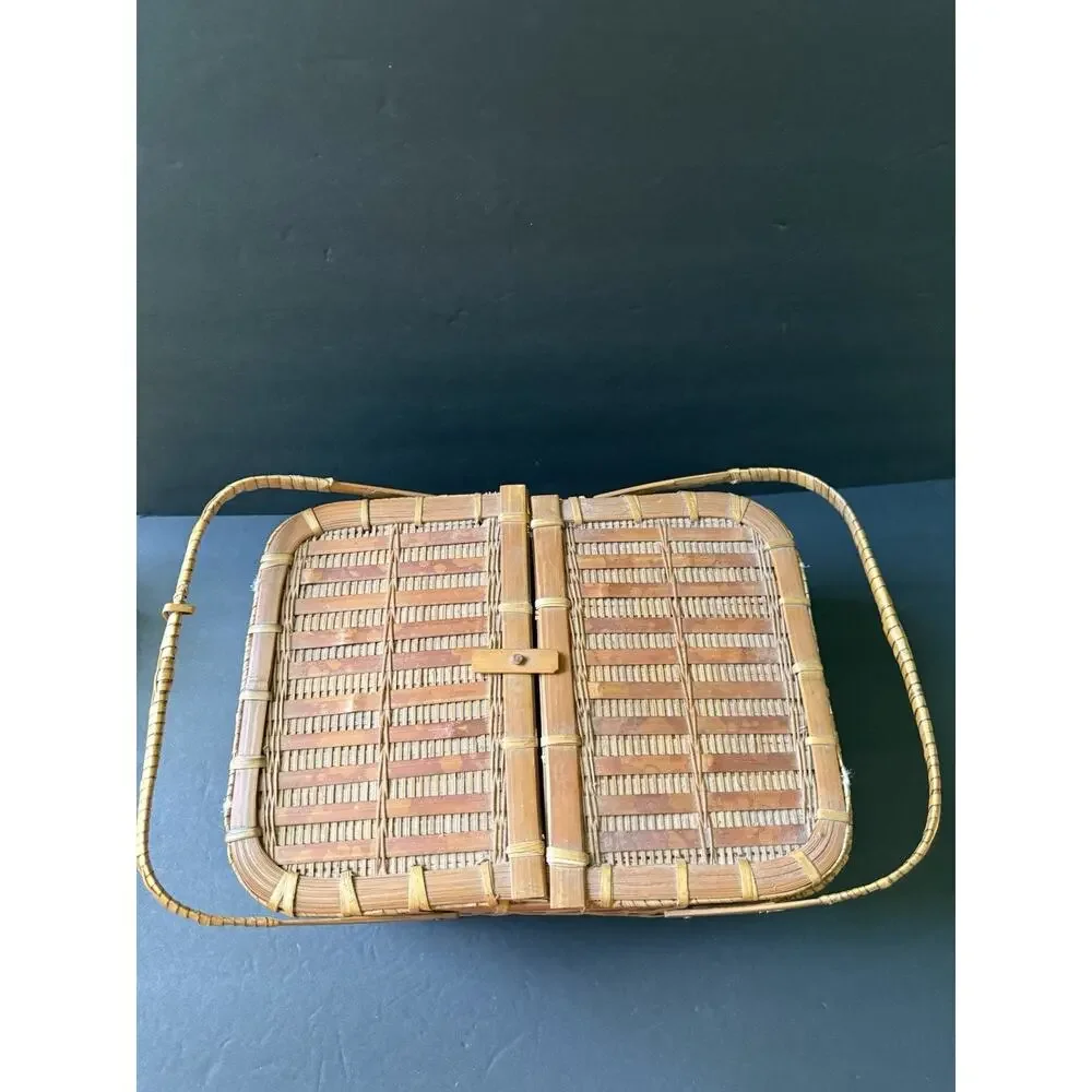 Vintage Bamboo Covered Basket Hinged Top Sewing Picnic Storage Woven Two Handle
